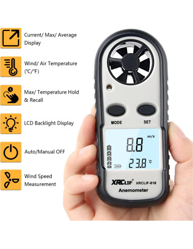Anemómetro Digital XRCLIF de Mano con Termómetro - 0-30 m/s