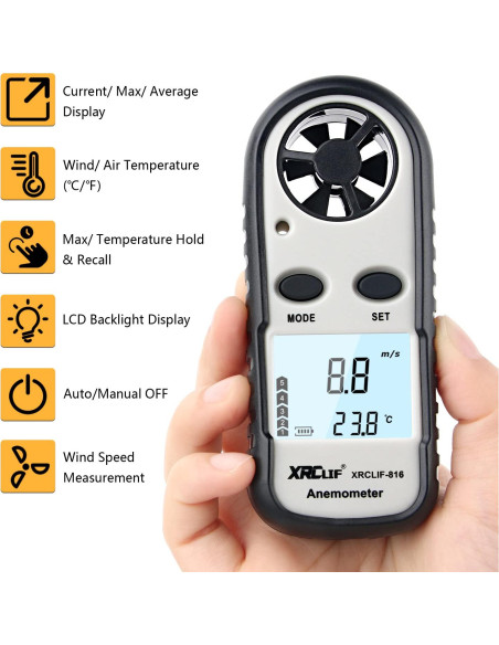 Anemómetro Digital XRCLIF de Mano con Termómetro - 0-30 m/s