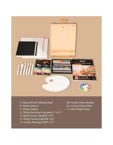 Set de Pintura Acrílica DJAR 49 Piezas con Caballete y Lienzos