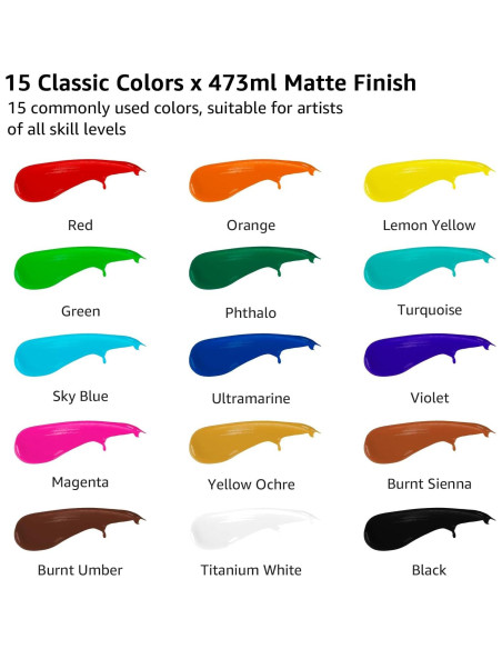 Set de Pintura Acrílica ABEIER 15 Colores 473ml Mate No Tóxica