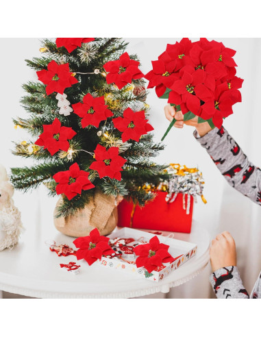 Ramo de Poinsettias Artificiales CekPo - Paquete de 6 Flores 44.96 cm
