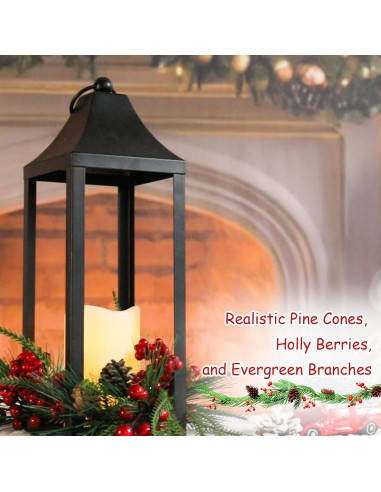 Farol de Navidad Bdor LED 39.88 cm con piñas y bayas rojas