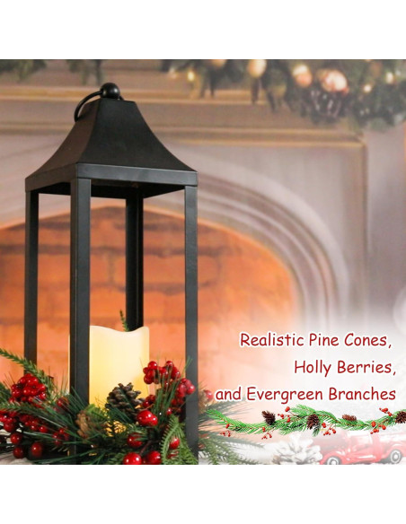 Farol de Navidad Bdor LED 39.88 cm con piñas y bayas rojas