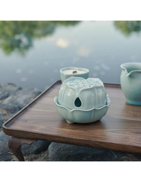 Quemador de Incienso Celadón Longquan Hecho a Mano - Soporte Cerámica Verde Jade