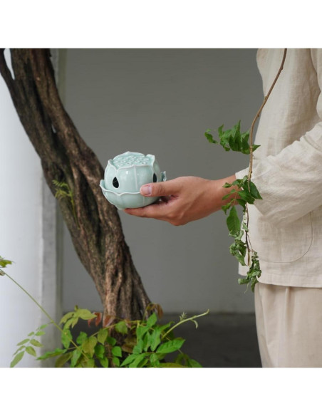 Quemador de Incienso Celadón Longquan Hecho a Mano - Soporte Cerámica Verde Jade