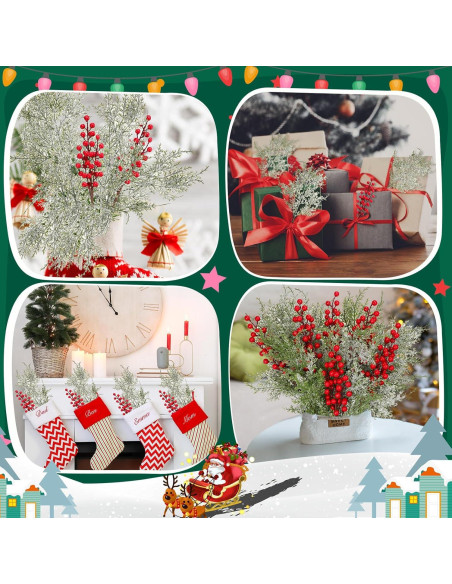 16 Ramas de Cedro Nevado Yuxung con Bayas Rojas para Decoración