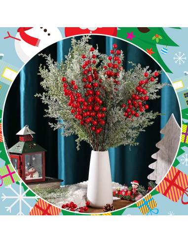 16 Ramas de Cedro Nevado Yuxung con Bayas Rojas para Decoración