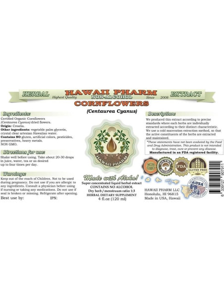 Extracto Líquido Sin Alcohol Aciano Orgánico Hawaii Pharm 59 ml