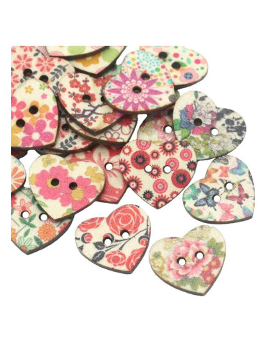 Botones de Madera Corazón AKOAK 50 Unidades 25mm Flores Mixtas