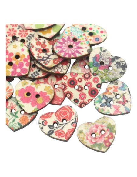 Botones de Madera Corazón AKOAK 50 Unidades 25mm Flores Mixtas