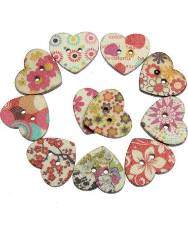 Botones de Madera Corazón AKOAK 50 Unidades 25mm Flores Mixtas