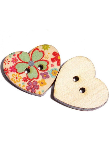 Botones de Madera Corazón AKOAK 50 Unidades 25mm Flores Mixtas