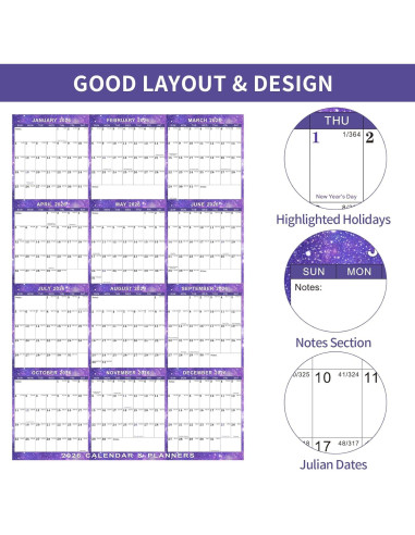 Calendario de Pared Borrable Kuraoyan 2026 61x91 cm Púrpura