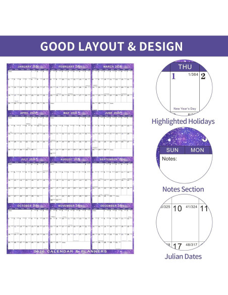 Calendario de Pared Borrable Kuraoyan 2026 61x91 cm Púrpura