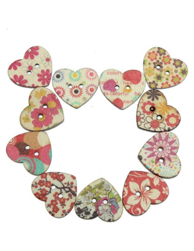 Botones de Madera Corazón AKOAK 50 Unidades 25mm Flores Mixtas