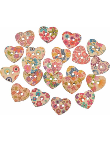 Botones de Madera Corazón AKOAK 50 Unidades 25mm Flores Mixtas