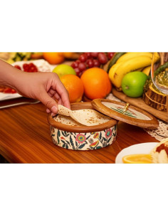 Calentador de Tortillas de Madera Hecho a Mano con Tapa Floral 2