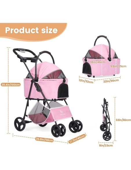 Carro de mascotas 2 en 1 Wefrib Rosa, plegable y con cesta removible