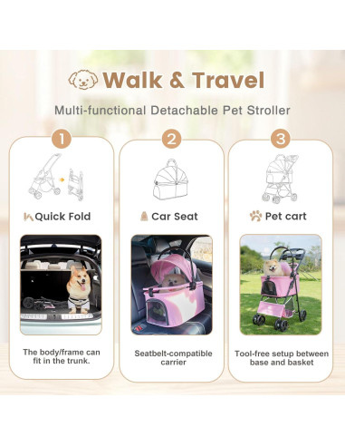 Carro de mascotas 2 en 1 Wefrib Rosa, plegable y con cesta removible