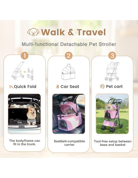 Carro de mascotas 2 en 1 Wefrib Rosa, plegable y con cesta removible