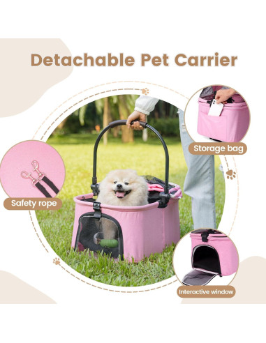 Carro de mascotas 2 en 1 Wefrib Rosa, plegable y con cesta removible