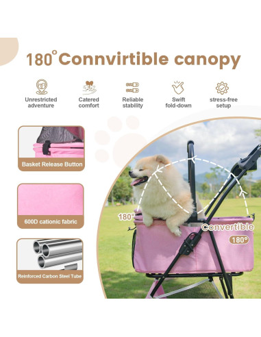 Carro de mascotas 2 en 1 Wefrib Rosa, plegable y con cesta removible