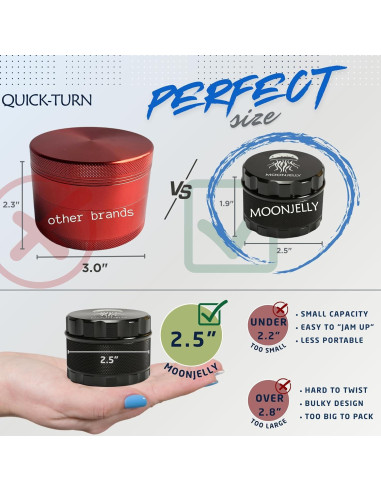 Grinder Manual MOONJELLY 2.5" Aluminio Negro con Giro Rápido