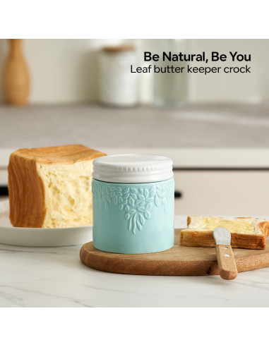 Crock de Mantequilla Toptier Hoja Azul 113g con Tapa