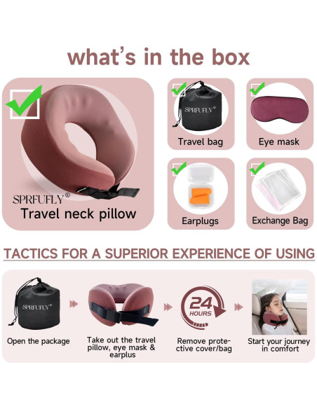Almohada de Viaje SPRFUFLY Rosa Espuma de Memoria con Máscara