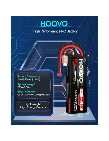 Batería LiPo HOOVO 2S 7.4V 5200mAh 80C para RC (paquete de 2)