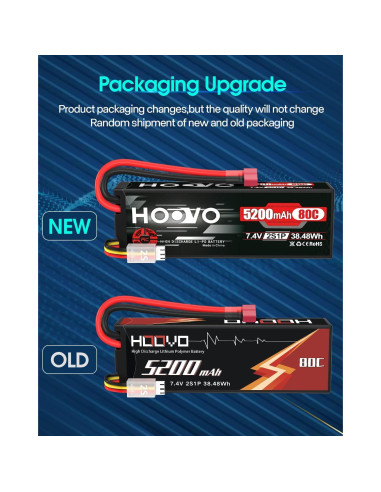 Batería LiPo HOOVO 2S 7.4V 5200mAh 80C para RC (paquete de 2)