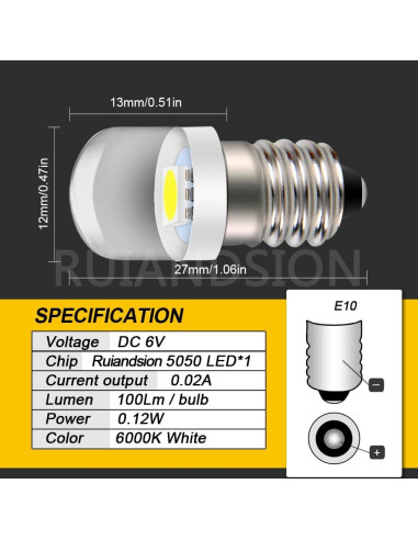 Bombilla LED E10 6V 0.12W Blanca 6000K Ruiandsion - 4 Pcs