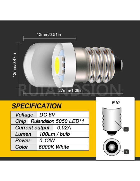 Bombilla LED E10 6V 0.12W Blanca 6000K Ruiandsion - 4 Pcs