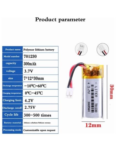 Batería de polímero de litio 3.7V 300mAh BIHUADE 701230