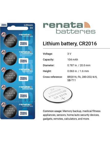 Baterías de Litio Renata CR2016 - 3V - 5 Unidades