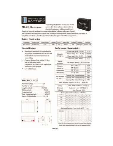 Batería Mighty Max 12V 22AH SLA para Merits Pioneer 1