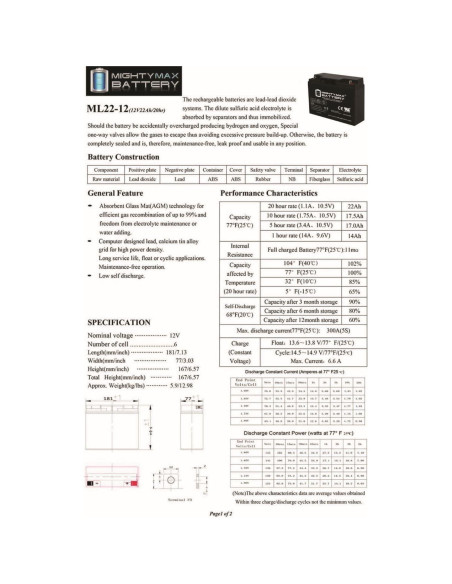Batería Mighty Max 12V 22AH SLA para Merits Pioneer 1