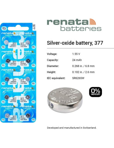 3 Pilas de Reloj Renata 377 SR626SW - 40g - Sin Mercurio