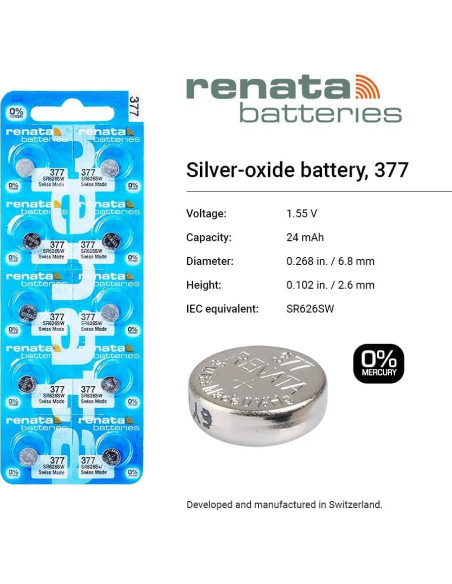 3 Pilas de Reloj Renata 377 SR626SW - 40g - Sin Mercurio