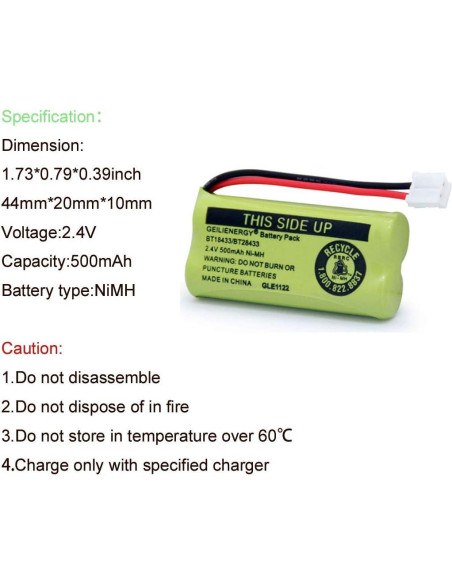Batería de Reemplazo GEILIENERGY BT18433 Ni-MH 2.4V 500mAh (Paquete de 3)