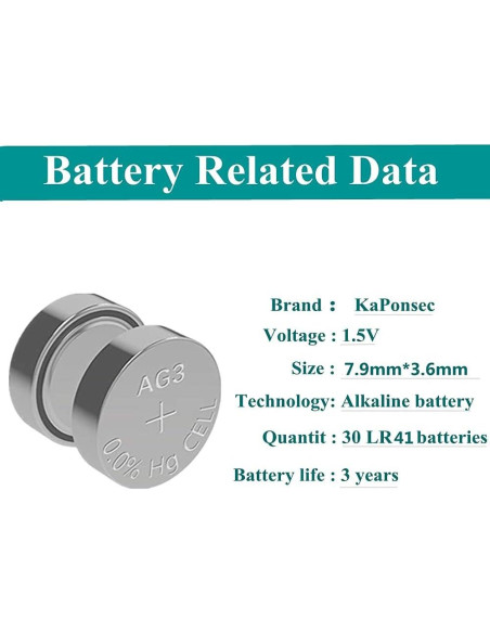 30 Baterías Alcalinas LR41 AG3 1.5V KaPonsec - Reemplazo