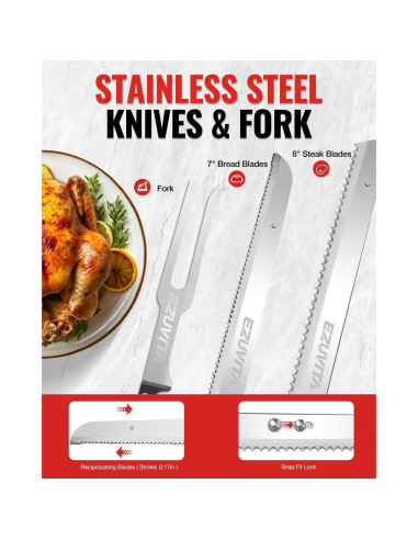 Cuchillo eléctrico inalámbrico EZUVITA 8V con cuchillas de acero