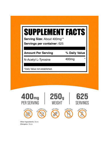 Suplemento de N-Acetil L-Tirosina BulkSupplements 250g Sin Sabor