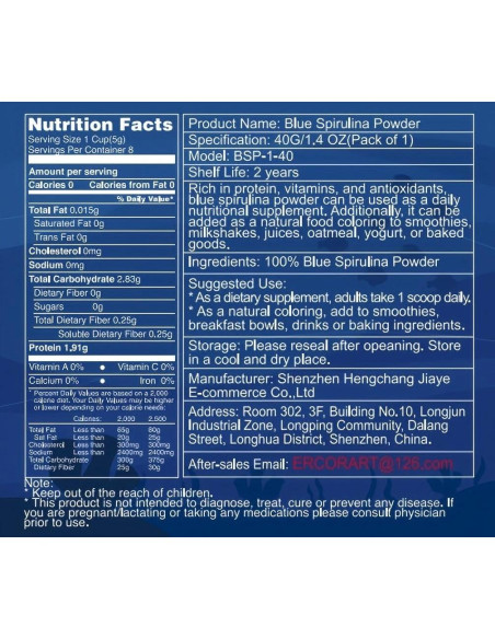 Polvo de Espirulina Azul ERCorArt 40g Colorante Natural Vegano