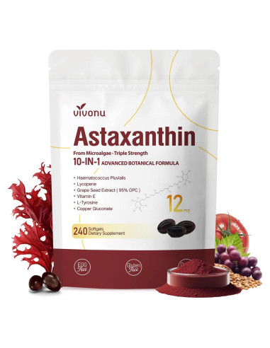 Astaxantina 12mg 240 Cápsulas VivoNu Suplemento Antioxidante