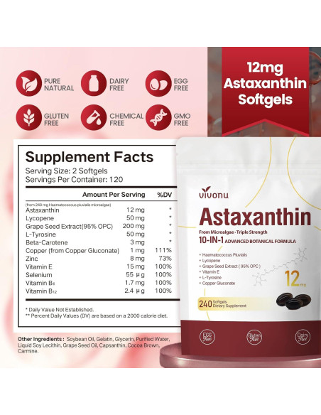 Astaxantina 12mg 240 Cápsulas VivoNu Suplemento Antioxidante