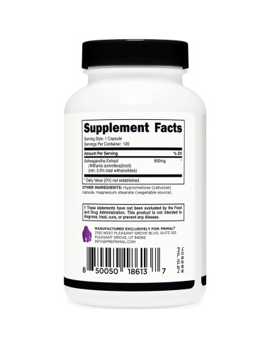 Extracto de Raíz de Ashwagandha Primal 600mg 120 Cápsulas