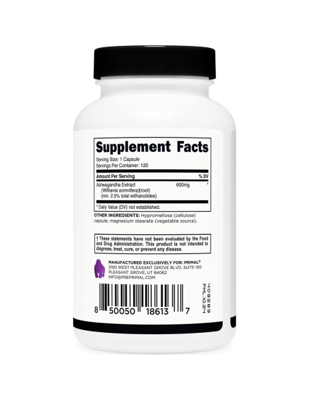 Extracto de Raíz de Ashwagandha Primal 600mg 120 Cápsulas
