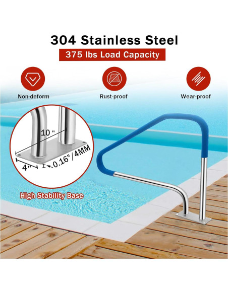 Pasamanos de piscina GarveeLife 49.4x34" acero inoxidable 304
