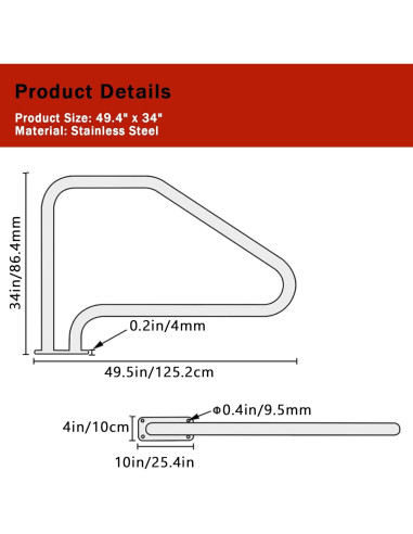Pasamanos de piscina GarveeLife 49.4x34" acero inoxidable 304
